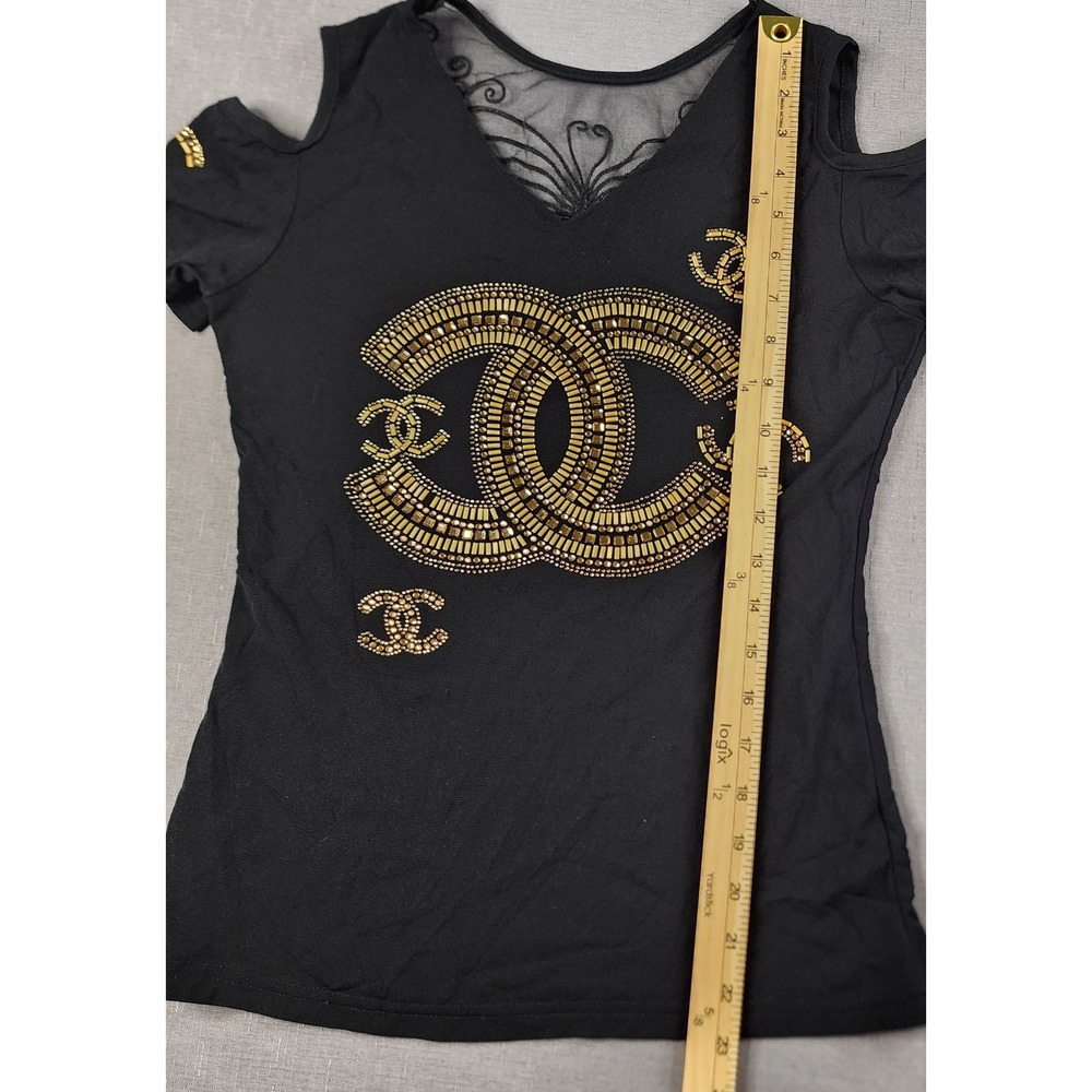 Fashion Top Cold Shoulder Beaded Gold Black Butterfly Mesh V-Neck Shirt Y2K - Picture 6 of 10
